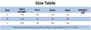 Detailed size chart with bust, waist, and length for ruffled side slit evening dress