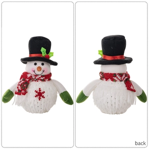 Front and back detail of a glowing Christmas snowman plush with hat and red scarf