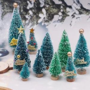 Miniature sisal Christmas trees with wood base and snow frosting for dollhouse scenes