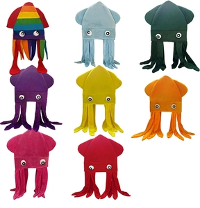 Detail met acht kleurrijke pluche octopushutten in verschillende levendige tinten