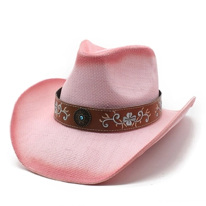 Chapeau de cowboy en paille dégradé rose avec broderie florale et boucle turquoise