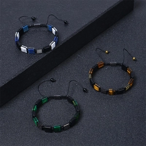 Macro shot of adjustable braided bracelets with square stones in blue green and tiger eye
