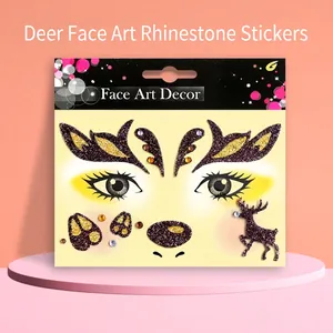 Reindeer themed face glitter stickers with purple glitter and gold rhinestones for party