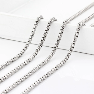 Polished silver stainless steel box chain necklace for men and women on white background