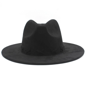 Detail of cross-stitch decorative band on a black wool wide brim fedora hat