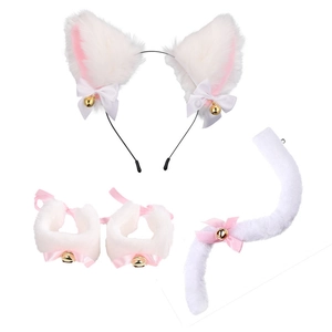 Detailed white faux fur cat ear headband, tail, and wristband set with pink bows and bells