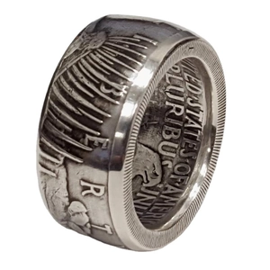 Vintage Morgan coin ring in silver finish featuring liberty relief and eagle engraving