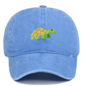 Detail of turtle embroidery on washed light blue cotton baseball cap with stitch lines