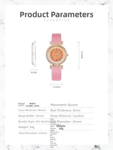 Detailed specifications of women's quartz watch with pink leather strap and diamond bezel