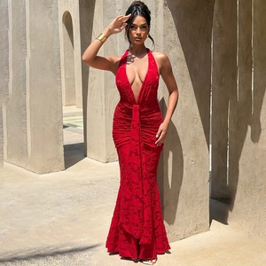 Elegant red lace evening dress featuring a deep V-neck and mermaid hemline with backless detail