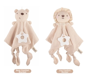 Detailed view of organic cotton baby security blankets with bear and lion shapes and teethers
