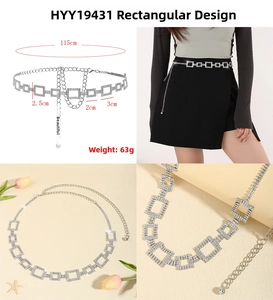 Dettaglio della catena in strass argento con lunghezza 115 cm e accenti metallici rettangolari
