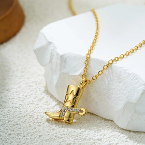 18K gold stainless steel necklace with crystal cowboy boot pendant and star carving