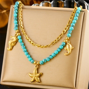Retro Ocean Double Layer Necklace Stainless Steel Gold Plated Turquoise Beads Seahorse Starfish Fish Pendants For Women