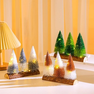 Mini Christmas Tree Ornament Bottle Brush Sisal Wood Base Double Color Glitter Desktop Decoration Holiday Scene Layout Festive Decor