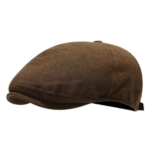 Berretto piatto classico in misto lino marrone scuro con tesa corta per look casual