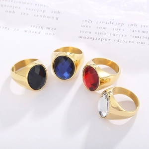 Retro Large Oval Faceted Glass Stone Ring Stainless Steel Gold Plated Minimalist Unisex Fashion Jewelry