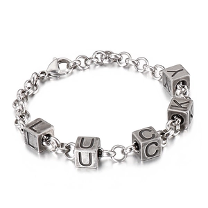 Lucky Letter Square Cube Bead Bracelet Stainless Steel Retro Hip Hop Geometric Link Chain Jewelry For Men Women