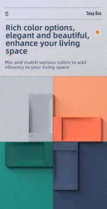 Detail showing the gray, orange, green, and blue modern rectangular soap dish collection