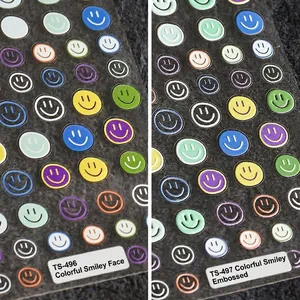 Colorful Smiley Face Nail Art Stickers 5D Embossed 3D Self Adhesive Macaron Cute Smile Decorative Manicure DIY