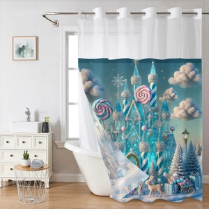 Detail of blue Christmas candy castle shower curtain with metal grommets in bathroom