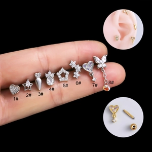 Lot de piercings de cartilage en acier inoxydable et zircon avec motifs cœur et étoile