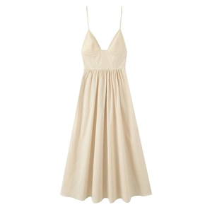 Women Elegant Spaghetti Strap Midi Dress Polyester Poplin Deep V Neck A-Line Solid Color Camisole Dress