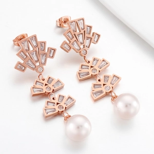 Tiered Fan Geometric Drop Earrings Stainless Steel Zircon Inlay With Artificial Pearl Dangle Retro Art Deco Style For Women