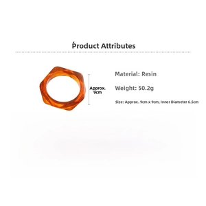 Detail view of amber resin hexagonal bracelet with dimensions 9cm width and 6.5cm inner diameter