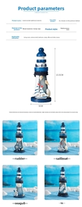 Close-up of a 13.5cm wooden lighthouse ornament with nautical rope and shell details