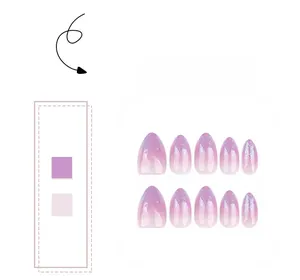 Detailed view of almond fake nails with purple gradient and silver glitter finish