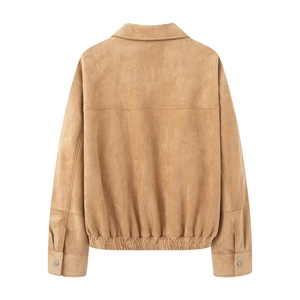 Detail view of the brown suede bomber jacket back with ribbed hem and clean stitching