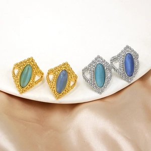 Bohemian vintage titanium steel rings with blue cat eye stones in gold and silver