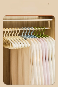Detailed view of slim non-slip plastic hangers saving 75% wardrobe storage space