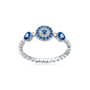 S925 sterling silver evil eye ring featuring blue zircons and a textured beaded band