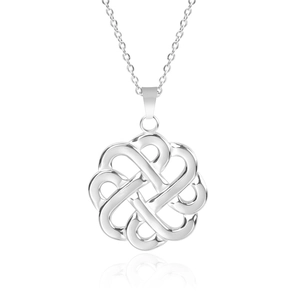 Polished silver stainless steel witch knot pendant with four-heart Celtic design and reflection