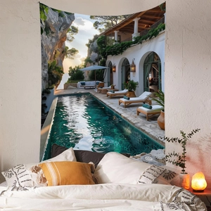Detail of bohemian tapestry featuring a Mediterranean luxury villa and pool landscape