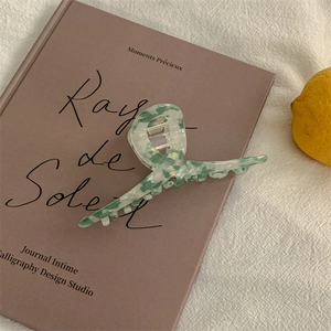 Detail of green marble acetate hair claw clip on book with French vintage aesthetic