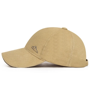 Khaki cotton baseball cap with mountain embroidery and stiff peak for outdoor sports