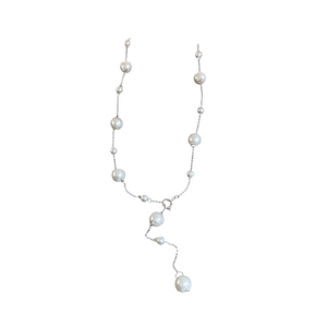 French luxury silver faux pearl long necklace for women with minimalist pendant design