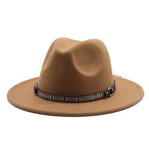 Detail of camel wool fedora hat featuring a vintage ethnic embroidered leather band