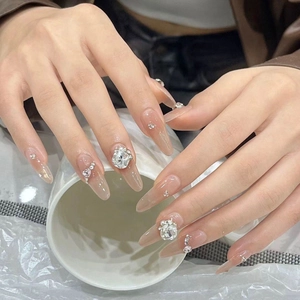 Long Almond Press On Nails Nude Gradient Rhinestone Heart Tulip Decor Handmade Elegant French Style For Women