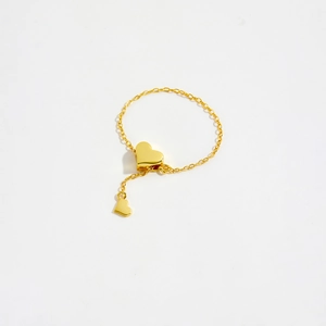 Minimalist S925 sterling silver chain ring with gold heart pendants and adjustable design