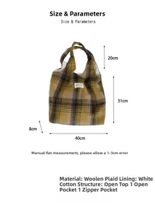 Tabella taglie dettagliata per borsa shopping vintage in lana a quadri con tasche