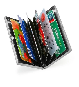 Internal accordion view of stainless steel card holder showing six RFID blocking slots