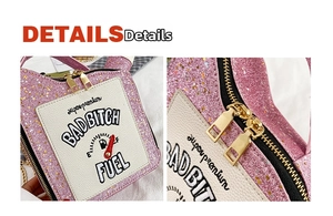 Pink sequin bag with Badbitch Fuel print and gold chain strap detailing