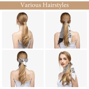 Long wavy ponytail hairpiece with houndstooth ribbon and RAIN lettering for women
