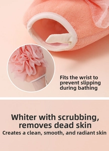 Pink exfoliating bath glove with fine mesh bath ball and elastic wrist band detail