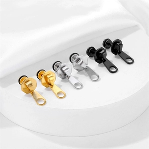 Punk zipper-shaped stainless steel stud earrings in gold, silver, and black finishes