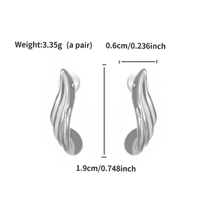 Detailed view of silver curved earrings showing 1.9cm height and 0.6cm width dimensions